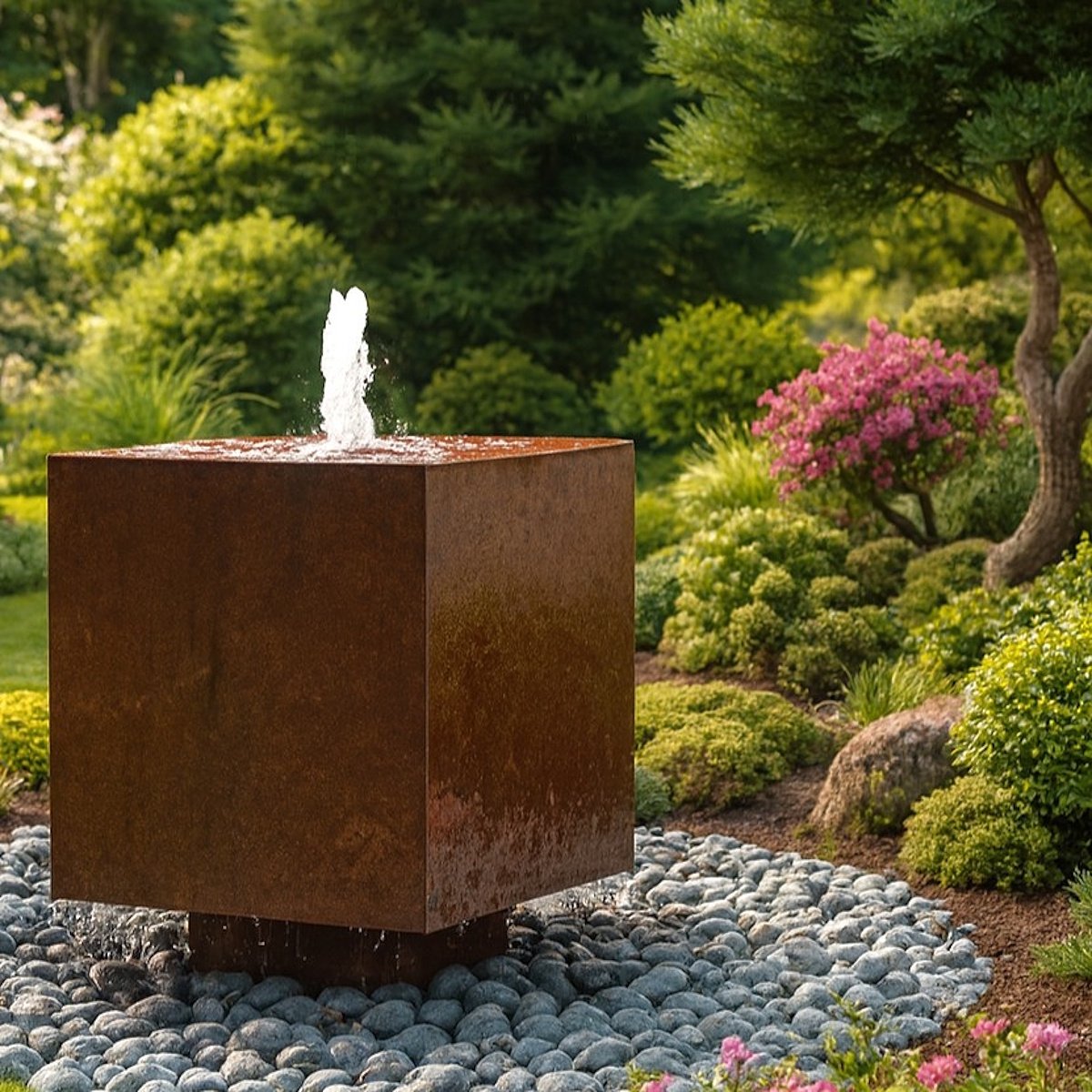 Cortenstahl Würfel 70cm Schwebeoptik Edelrost Gartenbrunnen Springbrunnen Komplettset