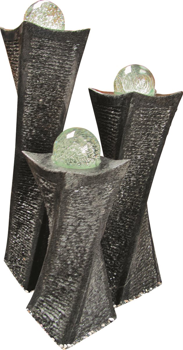 NUR ABHOLUNG! Quellstein Säulen Trio Swirl 100cm Granit Gartenbrunnen dreh. Glaskugel Komplettset