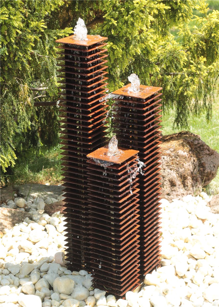 Cortenstahl Lamellen Säulen Trio 100/15 Edelrost Gartenbrunnen Springbrunnen Komplettset
