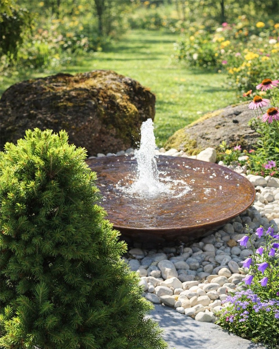 Cortenstahl Wasserschale 100 mit Fontäne Edelrost Springbrunnen Komplettset