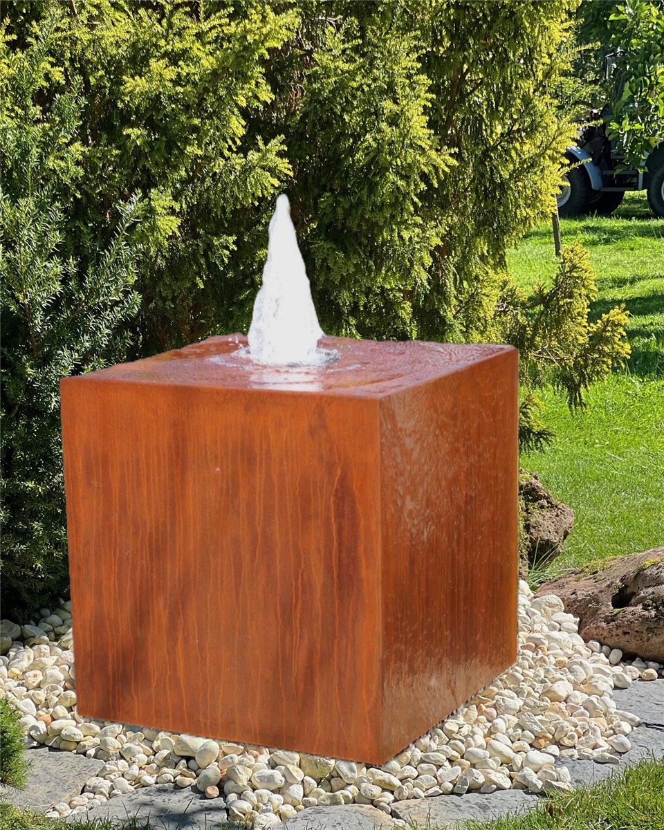 Cortenstahl Würfel 80 mit Fontäne Edelrost Gartenbrunnen Springbrunnen Komplettset