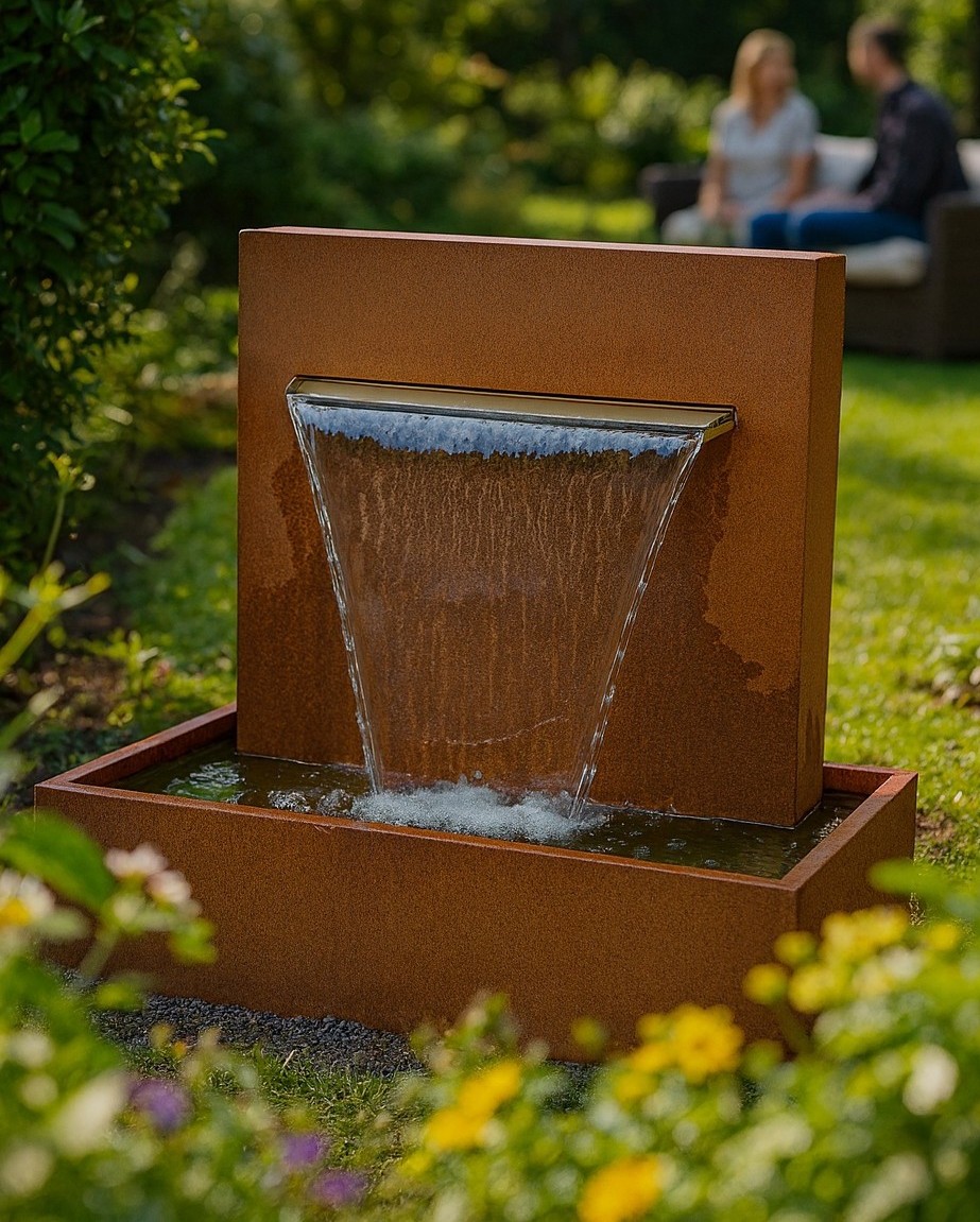 Cortenstahl Wasserfall L60cm mit Becken Gartenbrunnen Edelrost Design