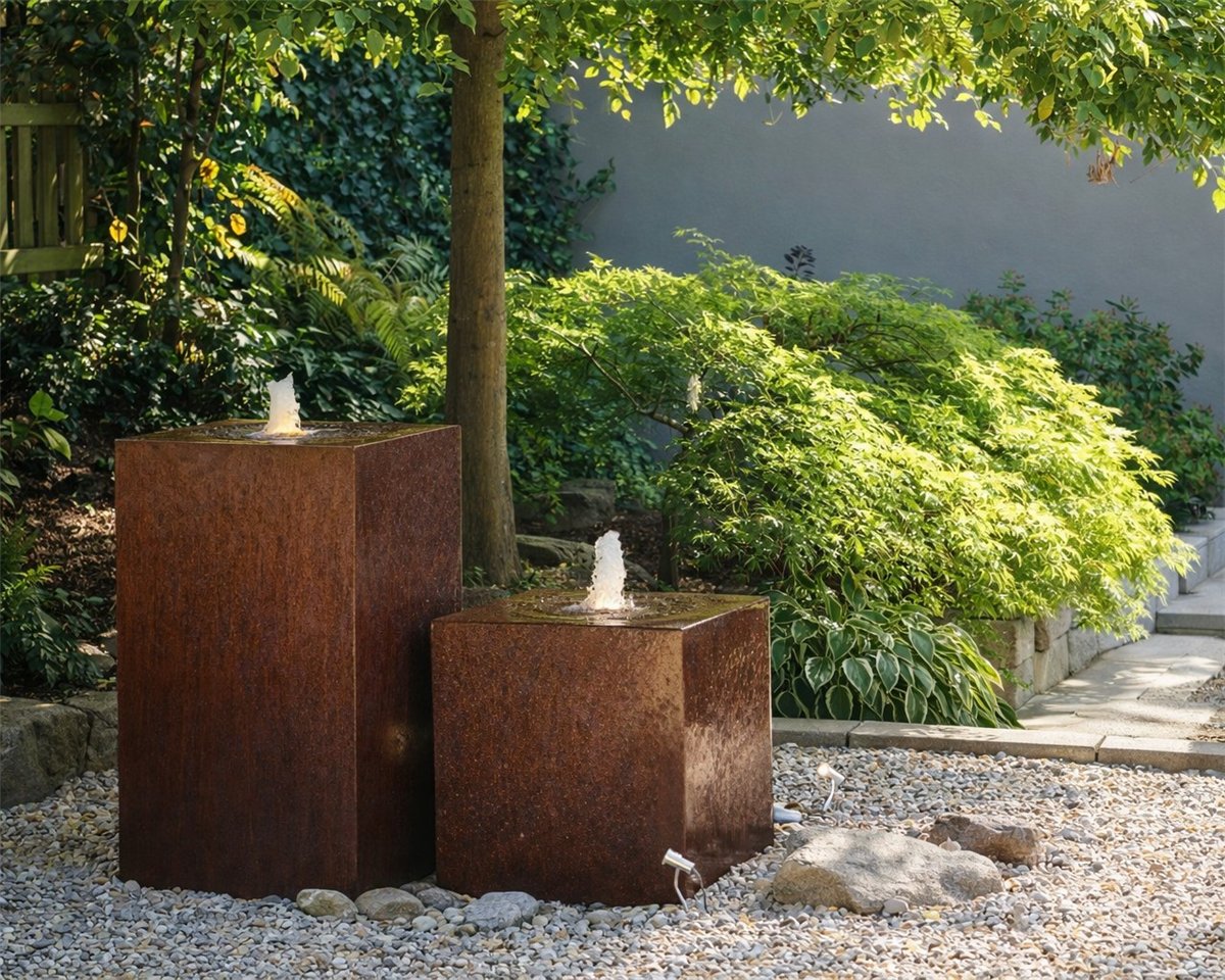 Cortenstahl Duo 60/100cm Würfel und Quader Edelrost Gartenbrunnen Komplettset