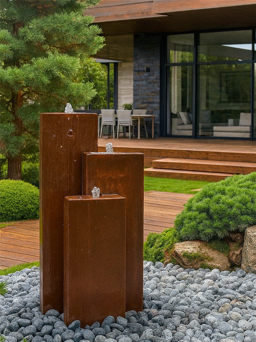 Cortenstahl Wasserwand Trio 100cm Edelrost Gartenbrunnen Springbrunnen Komplettset