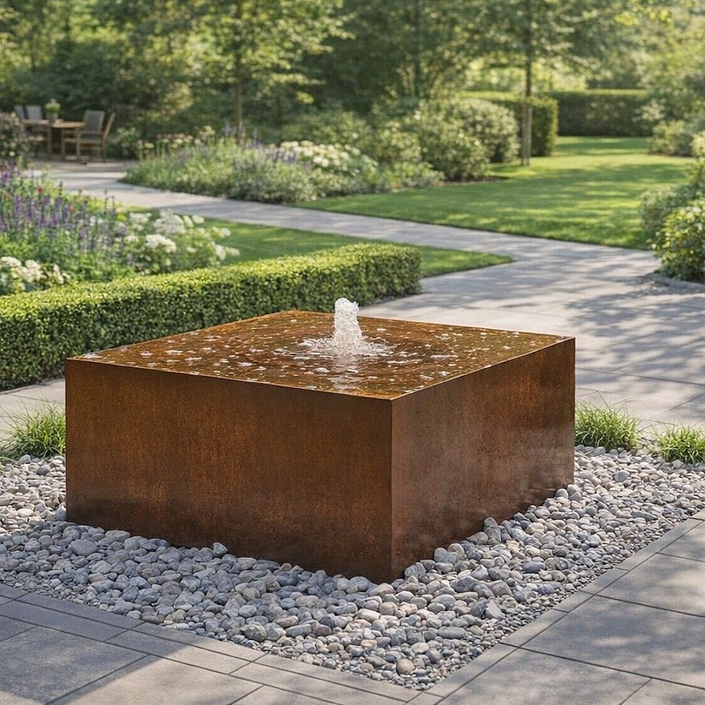 Cortenstahl Quader 100/45cm mit Quellschale Edelrost Gartenbrunnen Springbrunnen