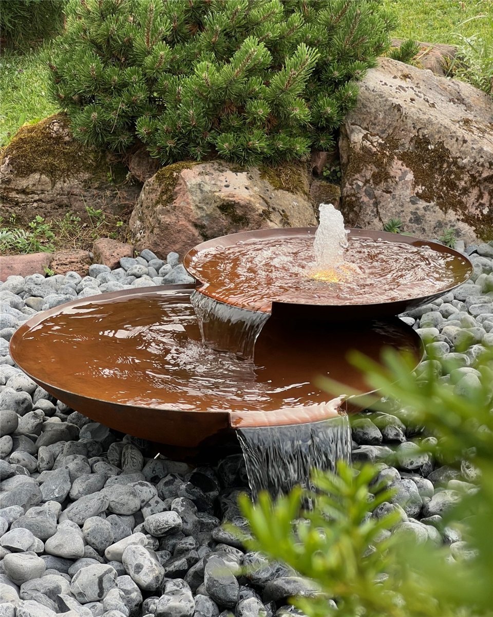 Wasserschalen Duo Ø80/60cm mit Wasserfall Cortenstahl Gartenbrunnen Springbrunnen Komplettset