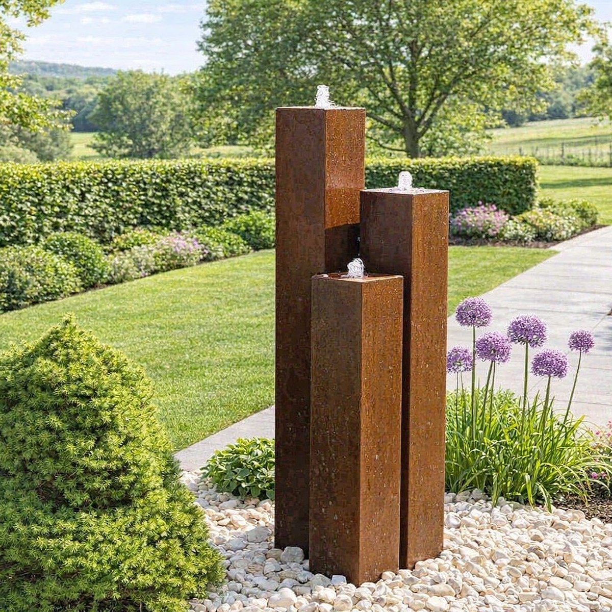 Cortenstahl Säulen Trio 150/20 Edelrost Gartenbrunnen Springbrunnen Komplettset
