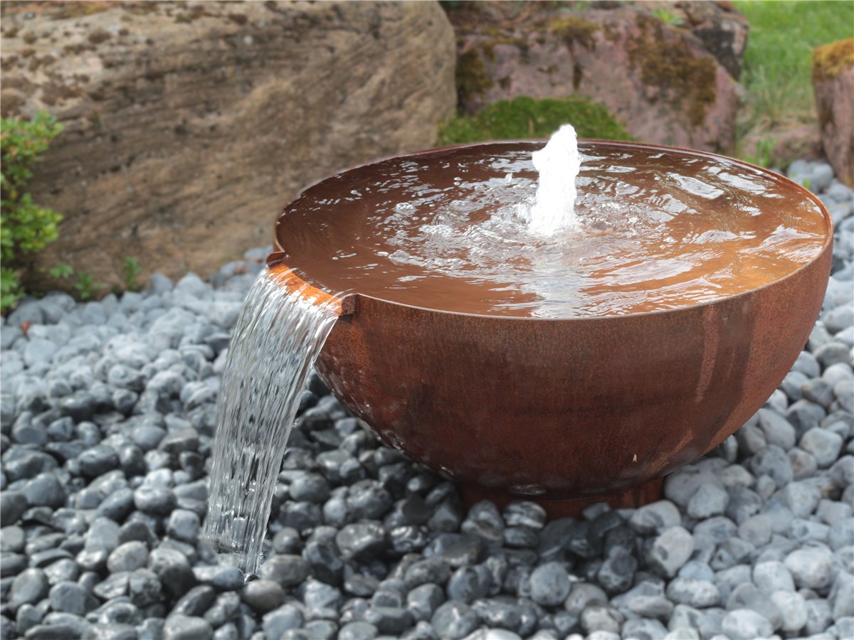 Cortenstahl Wasserschale Bowl 80 mit Wasserfall Edelrost Gartenbrunnen Komplettset