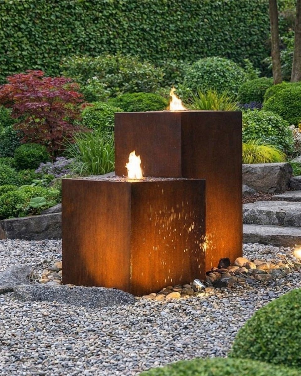 Cortenstahl Duo 60/100cm Würfel und Quader Edelrost Gartenbrunnen Komplettset