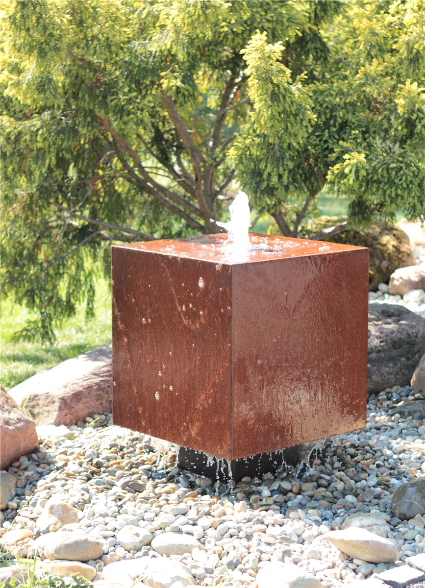 Cortenstahl Würfel 50cm Schwebeoptik Edelrost Gartenbrunnen Springbrunnen Komplettset