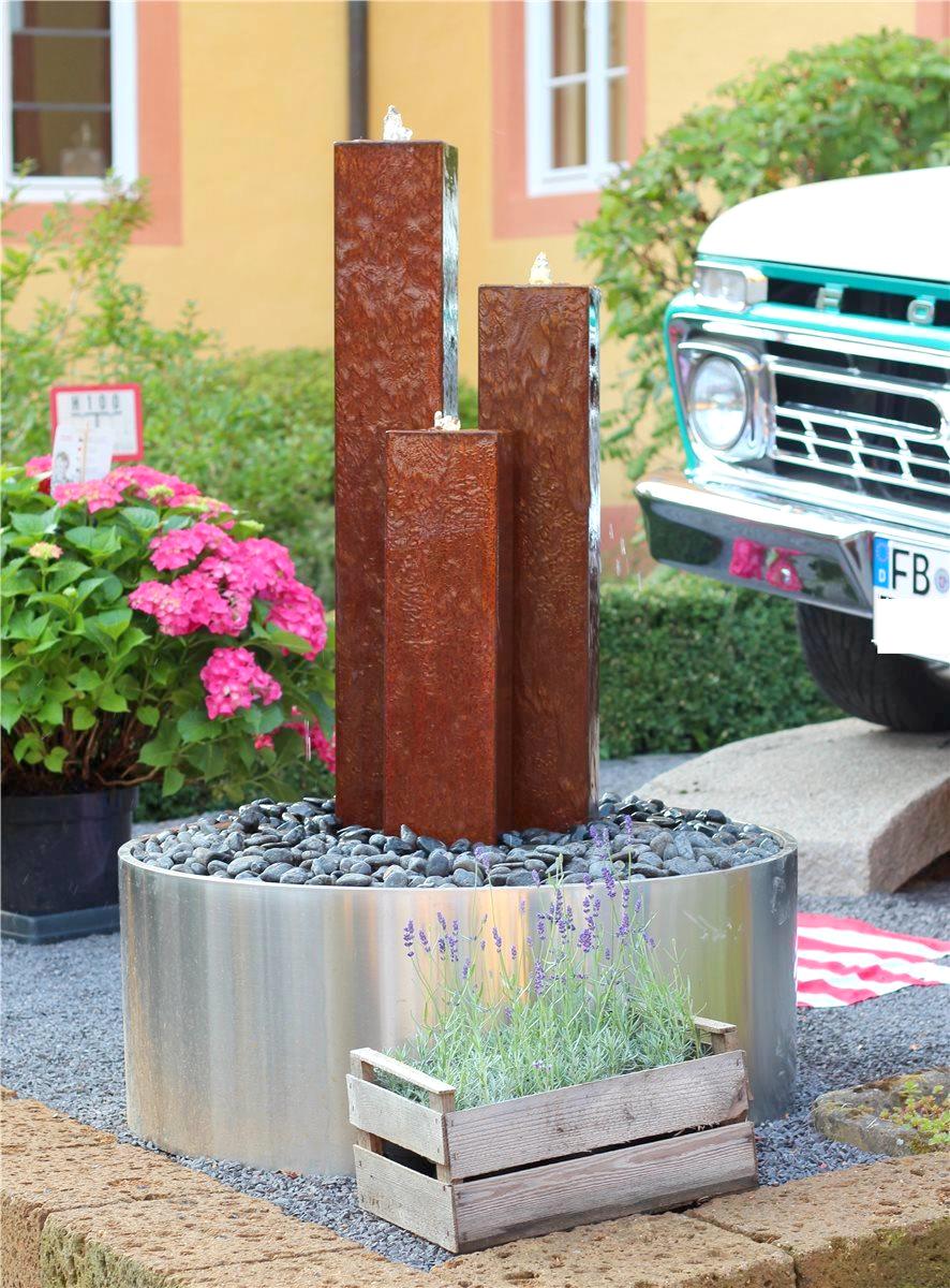 Cortenstahl Säulen Trio Cordon 130cm Gartenbrunnen Springbrunnen Komplettset